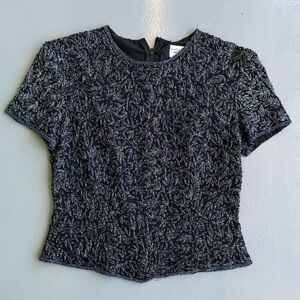 Papell Boutique Black and Silver Glass Beaded Embellished Crop Blouse size S